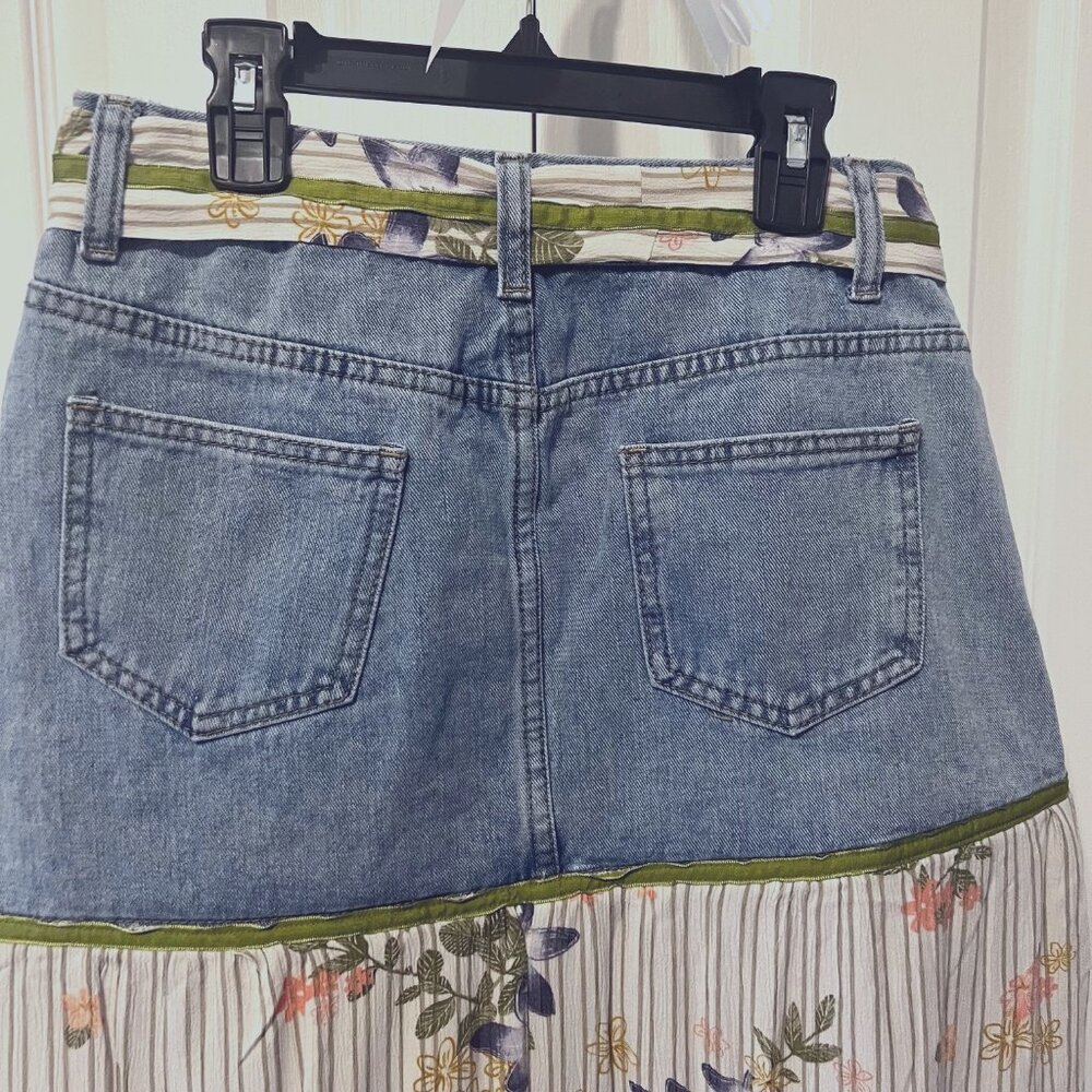 Handmade Upcycled Denim Jean Skirt-Sz. Small-Blue/Green/Floral Long Slit Skirt - Picture 8 of 12